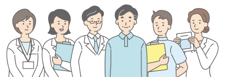 患者さんと医療チームの集合イラスト